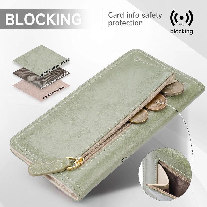 KITEVIUN RFID Wallet Women Ultra Slim Thin Womens Wallet Compact Clutch Long Ladies Wallet for Women GREEN - Image 5
